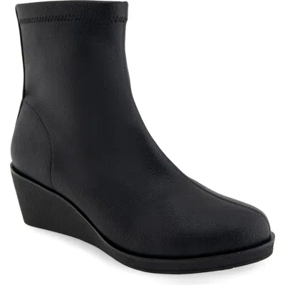 Aerosoles Binnie Wedge Bootie In Black Stretch Pebbled Faux