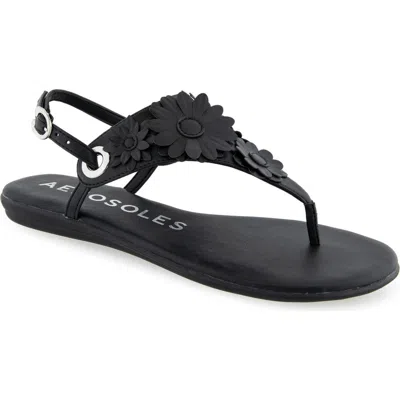 Aerosoles Connie Flower Slingback Sandal In Black Faux Leather