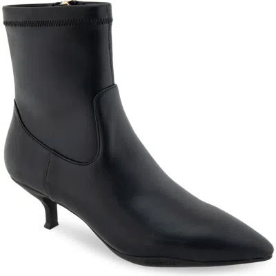 Aerosoles Lasko Kitten Heel Bootie In Black Stretch Smooth Faux Leather-polyur