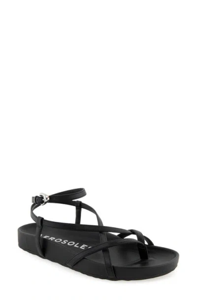 Aerosoles Leera Ankle Strap Flat Sandal In Black Faux Leather