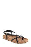 Aerosoles Leera Ankle Strap Flat Sandal In Black Faux Leather/cork
