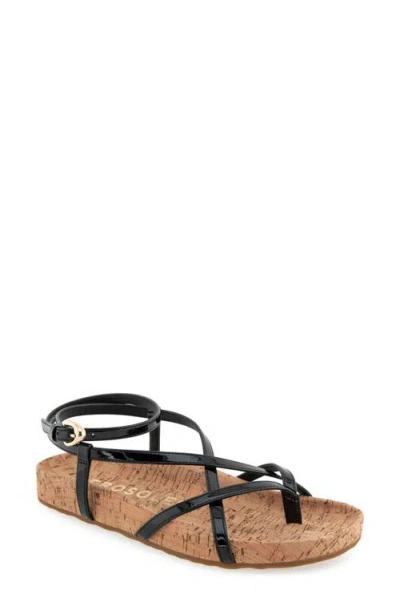 Aerosoles Leera Ankle Strap Flat Sandal In Black Faux Leather/cork
