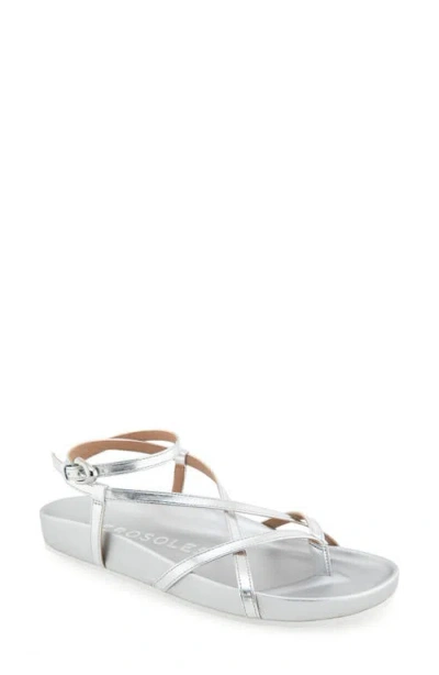 Aerosoles Leera Ankle Strap Flat Sandal In Silver Metallic Faux Leather