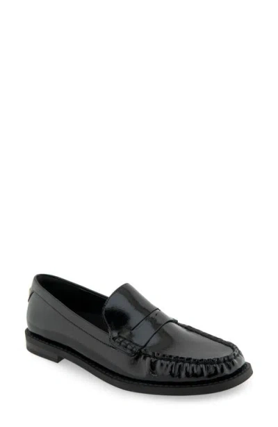 Aerosoles Sienna Penny Loafer In Black Patent Crinkled Faux Leather-polyu
