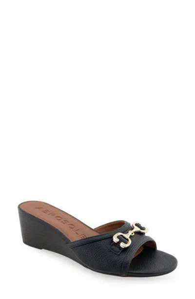 Aerosoles Wava Wedge Slide Sandal In Black Pebbled Faux Leather