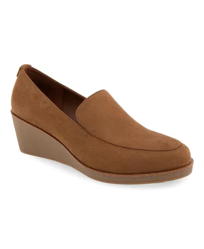 Aerosoles Women's Basil Wedge Heel Loafers In Brown Tobacco Faux Suede