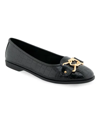 Aerosoles Women's Bobbi Buckle Ballet Flats In Black Crocodile Faux Leather - Polyureth