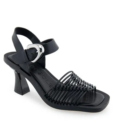Aerosoles Crew Womens Faux Leather Strappy Kitten Heels In Black Polyurethane