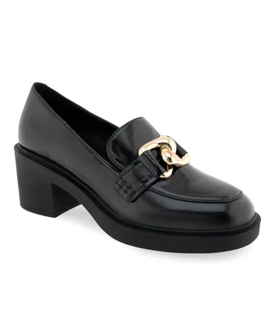 Aerosoles Women's Gibbon Block Heel Loafer In Black Burnished Faux Leather-polyurethan