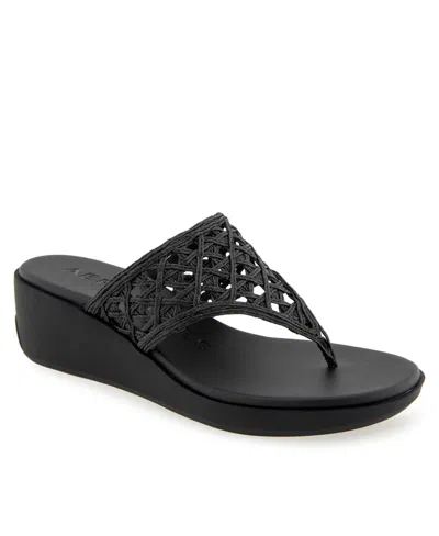 Aerosoles Women's Ivie Round Toe Wedge Sandals In Black Raffia