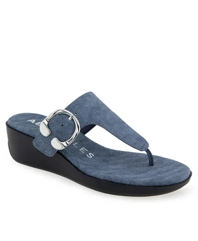 Aerosoles Women's Izola Round Toe Wedge Sandals In Blue Jean Denim Textured Faux Leather