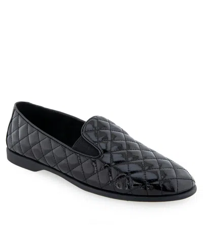 Aerosoles Women's Nuit Almond Toe Loafers In Black Quilted Patent Faux Leather-polyur