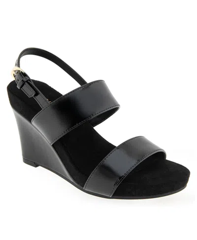 Aerosoles Women's Petra Wedge Sandals In Black Patenet Smooth Faux Leather-polyur