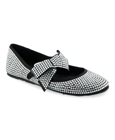 Aerosoles Women's Poppy Bow Mary Jane Flats In Black Satin Fabric,crystals
