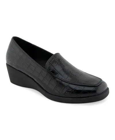 Aerosoles Women's Tart Wedge Heel Loafers In Black Crocodile Faux Leather-polyurethan