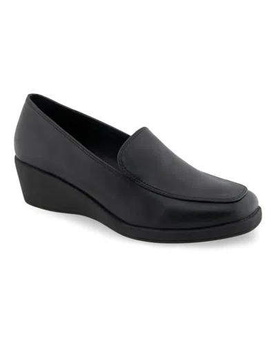 Aerosoles Women's Tart Wedge Heel Loafers In Black Smooth Faux Leather-polyurethane