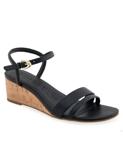 Aerosoles Women's Witt Round Toe Wedge Sandals In Black Faux Leather,cork