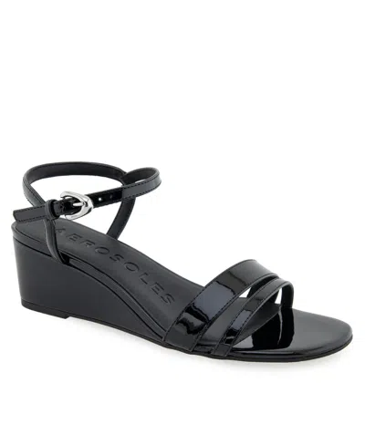 Aerosoles Women's Witt Round Toe Wedge Sandals In Black Patent Faux Leather