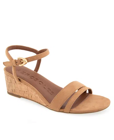 Aerosoles Women's Witt Round Toe Wedge Sandals In Tan Faux Suede