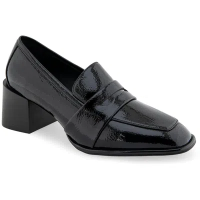 Aerosoles Womens Block Heel Leather Loafers In Black Patent Crinkled Faux Leather - Pol