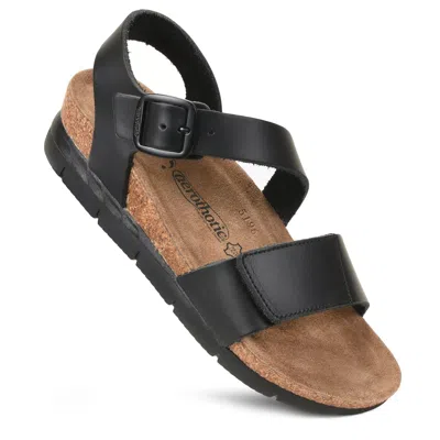 Aerothotic - Serena Double Strappy Open Toe Comfortable Leather Platform Sandals In Black