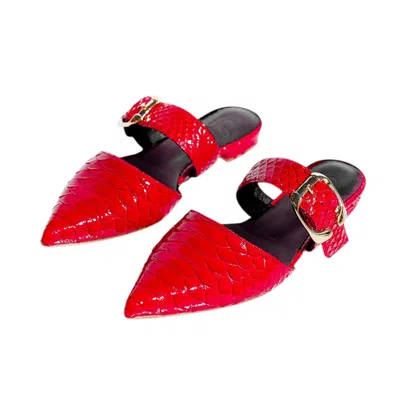 Aethra Shoes Women's Adel Red Leather Buckle Mule Flats