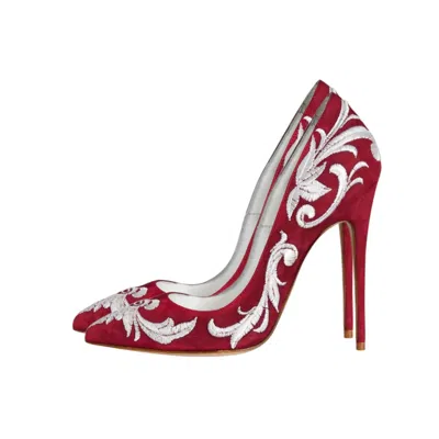 Aethra Shoes Women's Arel Burgundy Suede Embroidered Pointed Toe Stiletto Pumps In Red
