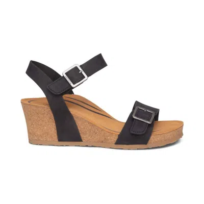 Aetrex Lexa Quarter Strap Wedge Sandal In Black