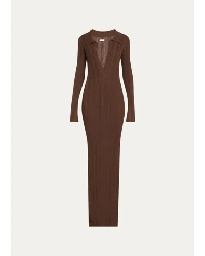 Aexae Rib-knit Collared Maxi Dress In Brown