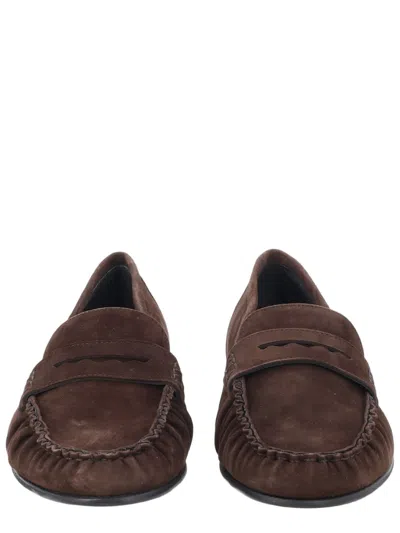 Aeyde Penny Strap Soft Kid Suede Loafers In Brown