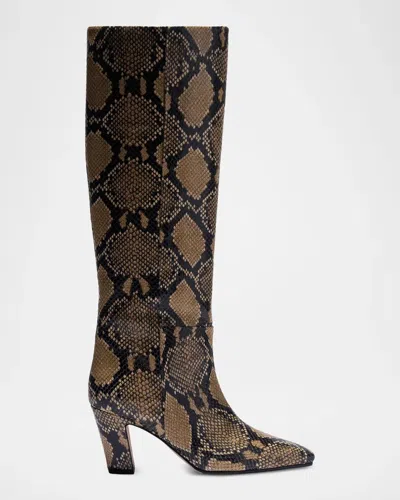 Aeyde Silva 75mm Snakeskin-print Leather Knee-high Boots In Brown