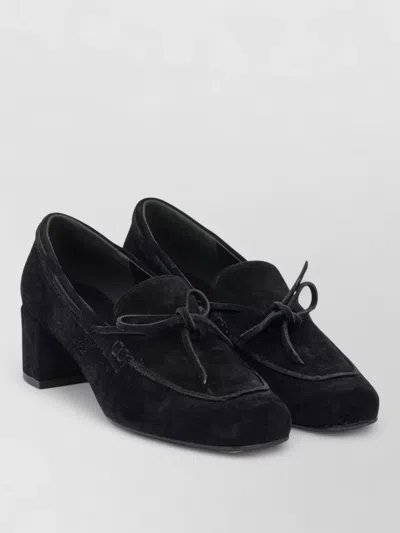 Aeyde Suede Loafers Square Toe Block Heel Bow In Black