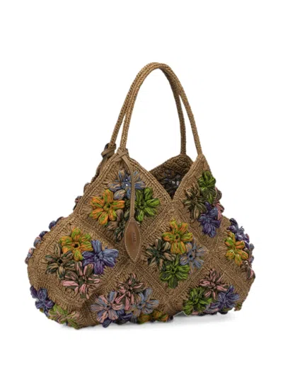 Afar Floral-applique Raffia Shoulder Bag In Brown