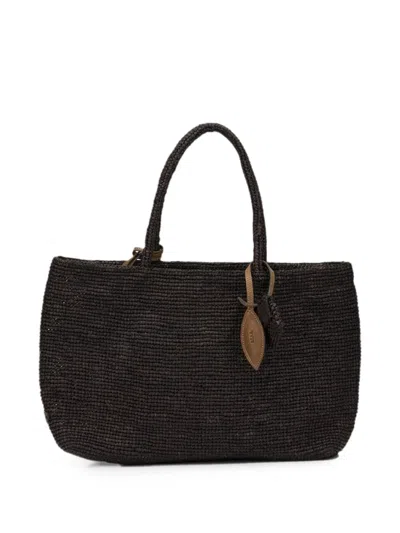 Afar Medium Alma Raffia Tote Bag In Black