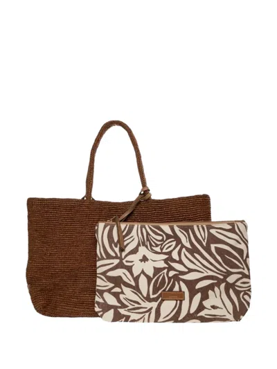Afar Woven Floral-print Tote Bag In Brown