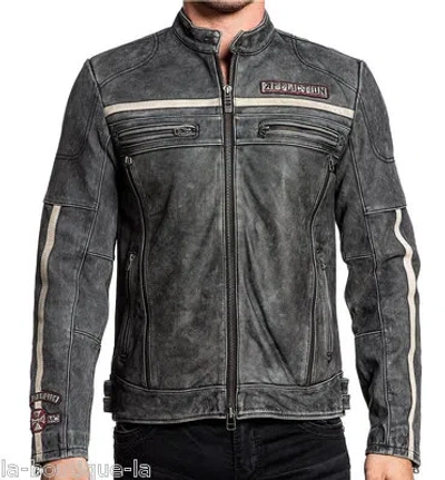 Pre-owned Affliction - Black Moon Riders - Men's Leather Biker Jacket Moto - Vintage Black In Vintage Washed Black