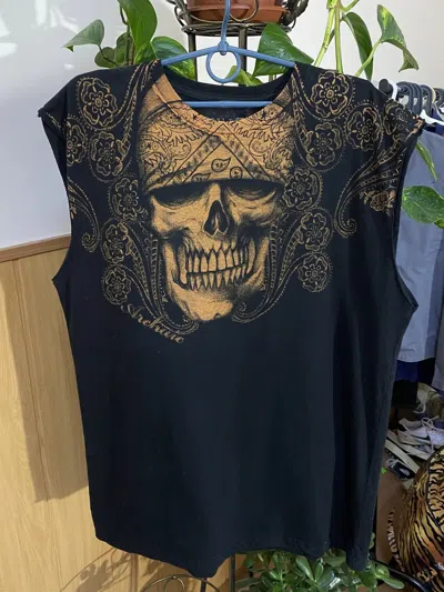 Pre-owned Affliction Vintage Y2k Archaic  Skull T-shirt In Black Orange