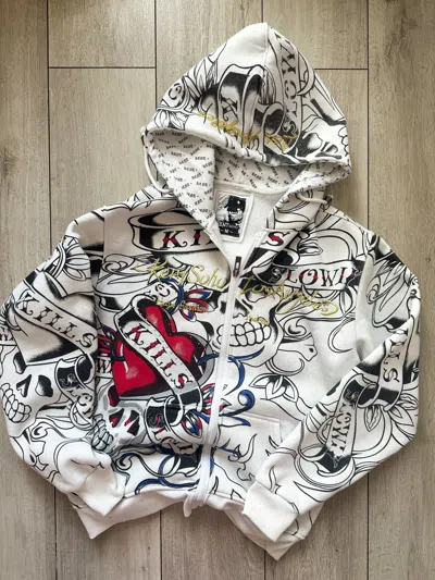 Pre-owned Affliction X Christian Audigier Kent Soho Ed Hardy Style Zip Up Hoodie Los Angeles Y2k In White