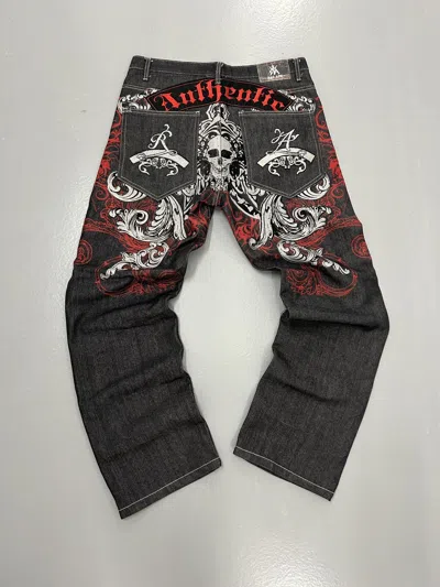Pre-owned Affliction X Ed Hardy Crazy Cyber Grunge Skull Jeans Affliction Style Baggy Skater In Black