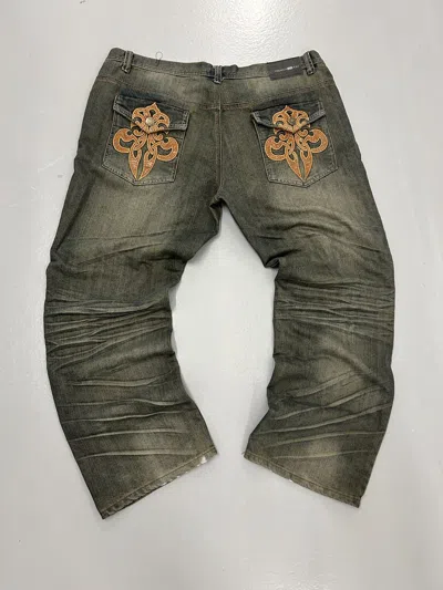Pre-owned Affliction X Ed Hardy Crazy Vintage Y2k Baggy Faded Cross Jeans Ed Hardy Style In Brown