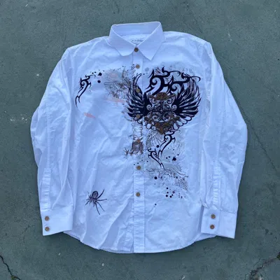 Pre-owned Affliction X Ed Hardy Crazy Vintage Y2k Brad Butter Grunge Angel Wings Button Up In White