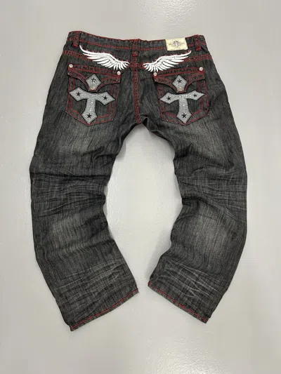 Pre-owned Affliction X Ed Hardy Crazy Vintage Y2k Cross Wings Ed Hardy Style Jeans Grunge In Black