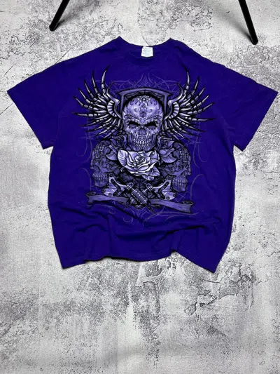Pre-owned Affliction X Ed Hardy Wings Cross Tee Y2k Affliction Style In Purple