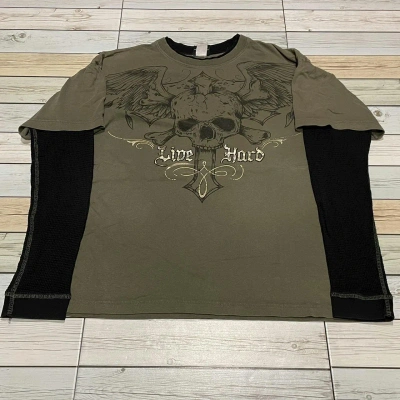 Pre-owned Affliction X Ed Hardy Wings Skulls Longsleeve Y2k Affliction Style In Miltary Green