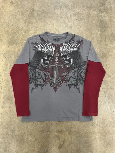 Pre-owned Affliction X Jnco Y2k Affliction Mma Elite Skulls Thermal Long Sleeve Size M In Gray/red