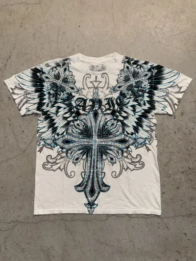 Pre-owned Affliction X Tapout Crazy Y2k Affliction Style Cyber Wings Cross Grunge White Tee