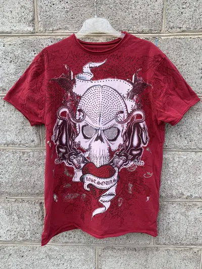 Pre-owned Affliction X Vintage Ed Hardy Style T Shirt Y2k In Red