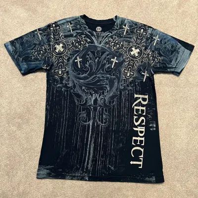Pre-owned Affliction X Vintage Y2k Affliction Style Cross Hybrid Respect Logo Tee In Black/blue/white