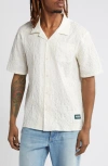 Afield Out Textured Floral Short Sleeve Cotton Button-up Shirt In Bone