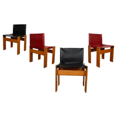 Pre-owned Afra & Tobia Scarpa Black & Red Leather Monk Dining Chair For Molteni, Set Of 4